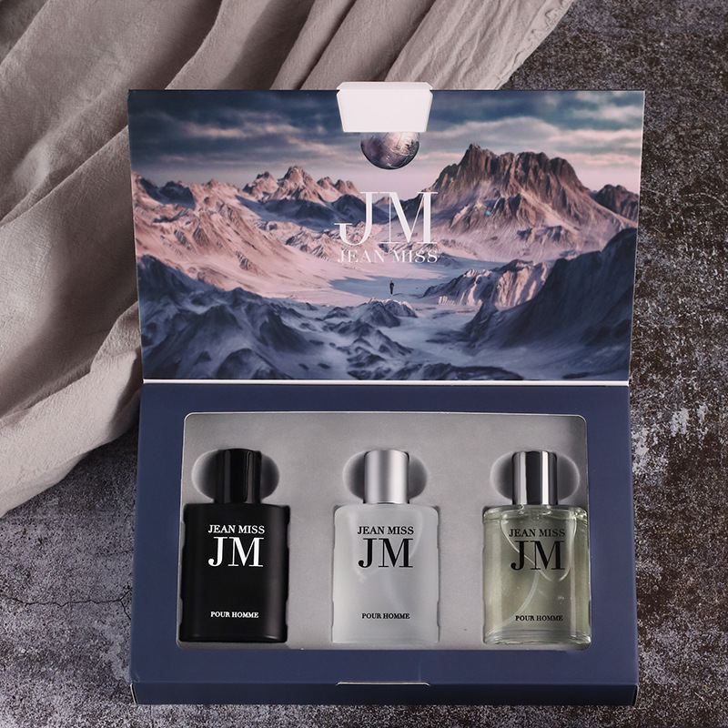 Perfume Fragrance Blue - ชุดของขวัญน้ำหอมสำหรับผู้ชาย 3 ชิ้น, ขวดทรงสี่เหลี่ยมลายนูน, ชุดตัวอย่างน้ำหอมกลิ่นไม้และน้ำ, สเปรย์น้ำหอมหลากสีดำ