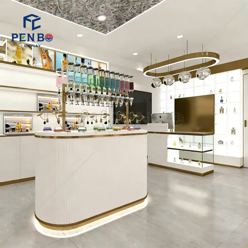 Perfume Fragrance Bar - ตู้โชว์น้ำหอมแบบมีไฟส่องสว่างสั่งทำพิเศษ ตู้โชว์น้ำหอมหรูหรา เฟอร์นิเจอร์บาร์น้ำหอม เคาน์เตอร์โชว์น้ำหอมแบบเกาะ